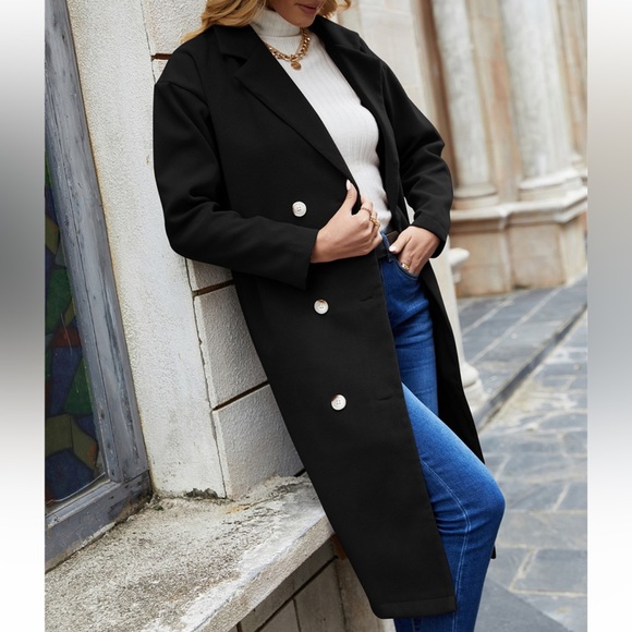 08 Black Lapel Double-Breasted Long Coat - Picture 3 of 3